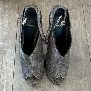 Brian Atwood, silver booties with open toe